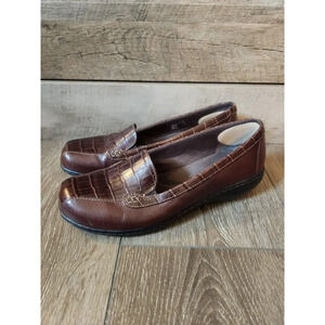 Clarks Bendables Bayou Loafers Womens Sz 8 Brown Leather Croc‎ Print Slip On EUC